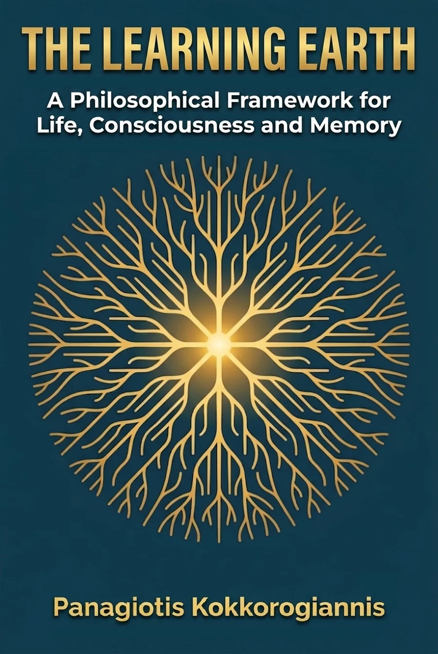 The Learning Earth, book cover. A radiating gold tree on a deep navy field. Title and author set in a classical serif.