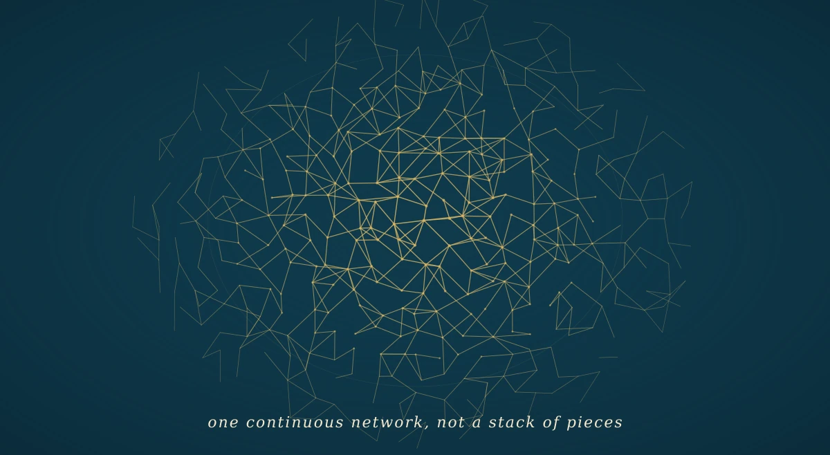 A deep navy field with a stylised web of fine gold threads woven in a three-dimensional mesh, denser in some regions and sparser in others — a schematic rendering of the continuous fascial network running through the body.