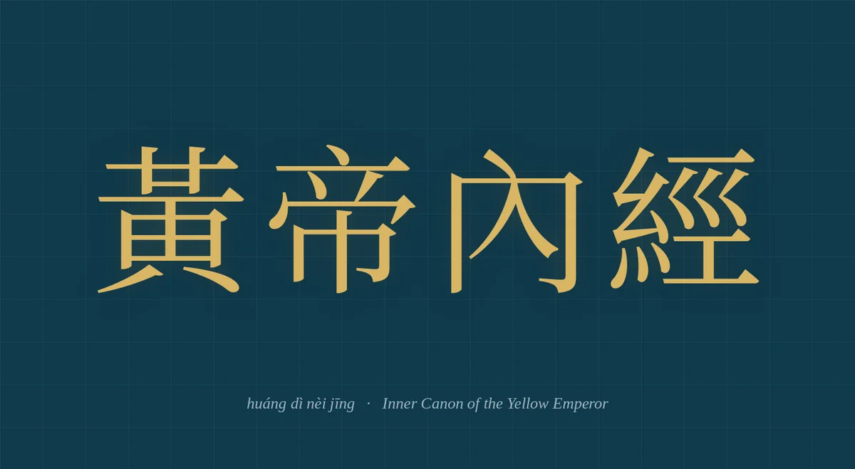 The four Chinese characters 黃帝內經 (huang di nei jing, Inner Canon of the Yellow Emperor) in gold on a deep navy field, with the pinyin and the English rendering beneath.