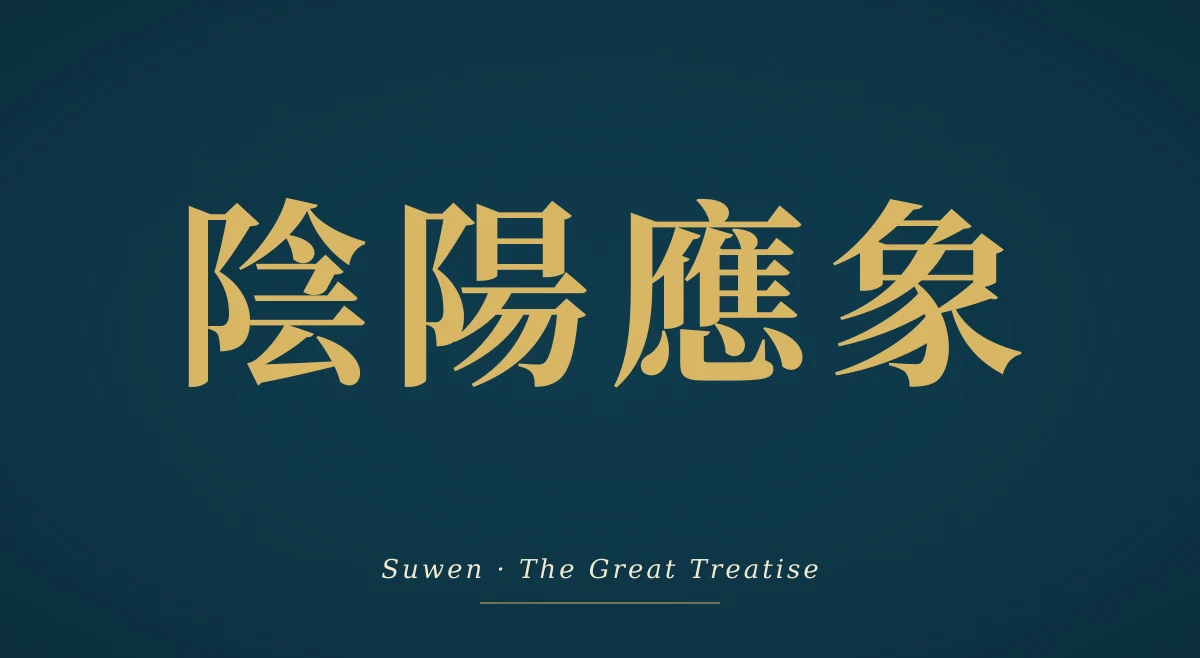 A dark navy field with the five characters 陰陽應象大論 (yin-yang ying xiang da lun, Great Treatise on How Phenomena Respond to Yin and Yang) brushed in gold.