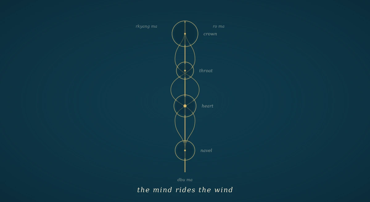 A deep navy field with a vertical gold channel running from top to bottom, flanked by two side channels that spiral around it, with four small gold circles marking the wheels at crown, throat, heart and navel.