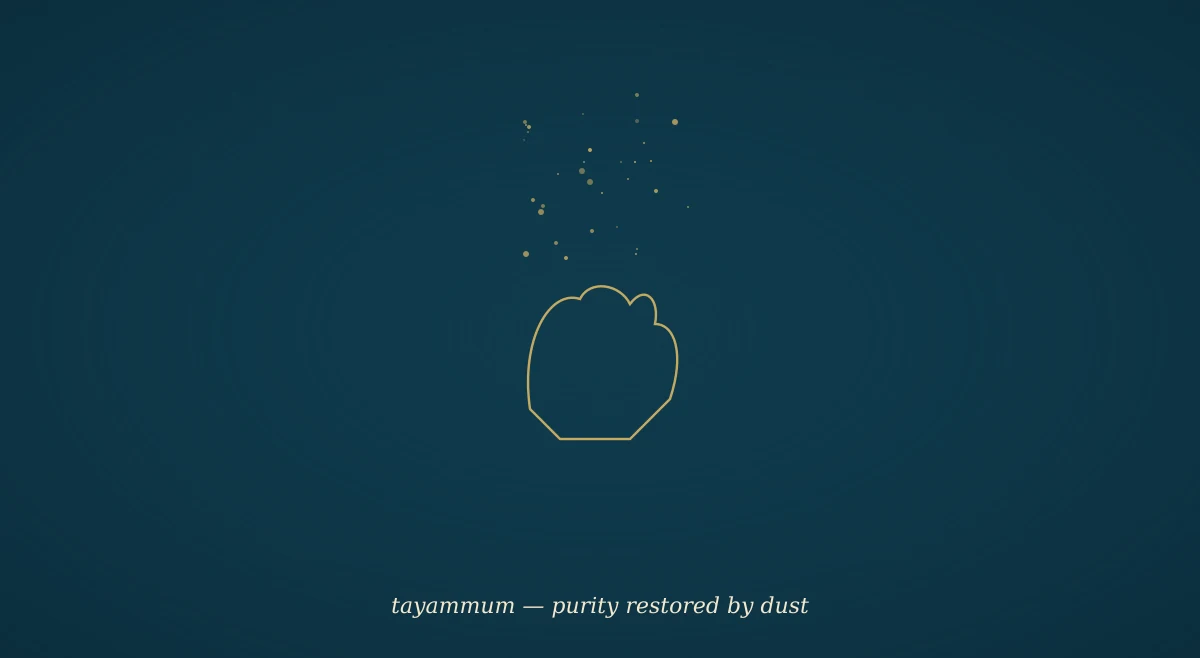 A gold line drawing on navy: an open palm striking clean earth, with faint dust particles rising above it.