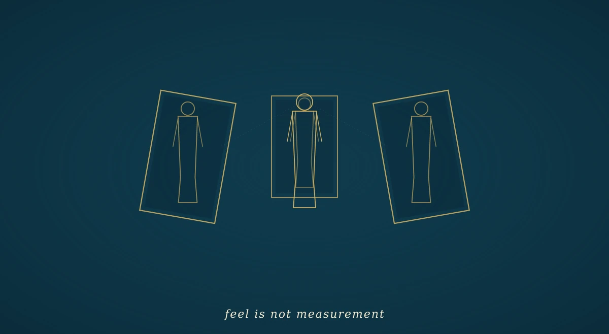 A deep navy field with a stylised human silhouette flanked by three gold rectangular mirrors reflecting the figure from different angles, with a small gold measurement grid behind, suggesting external reference as the correction method of the field.