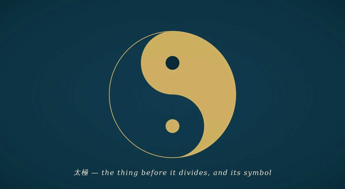 A classical taiji symbol in warm gold on a deep navy field: a circle with an S-curve dividing a bright half and a dark half, each containing a small dot of the opposite side.