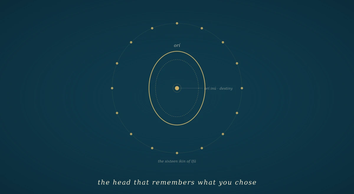 A deep navy field with a stylised head in gold line, divided into an outer and inner layer — the outer the physical head, the inner carrying a small gold mark representing the chosen destiny — flanked by two small shapes suggesting feet below and a divination tray above.